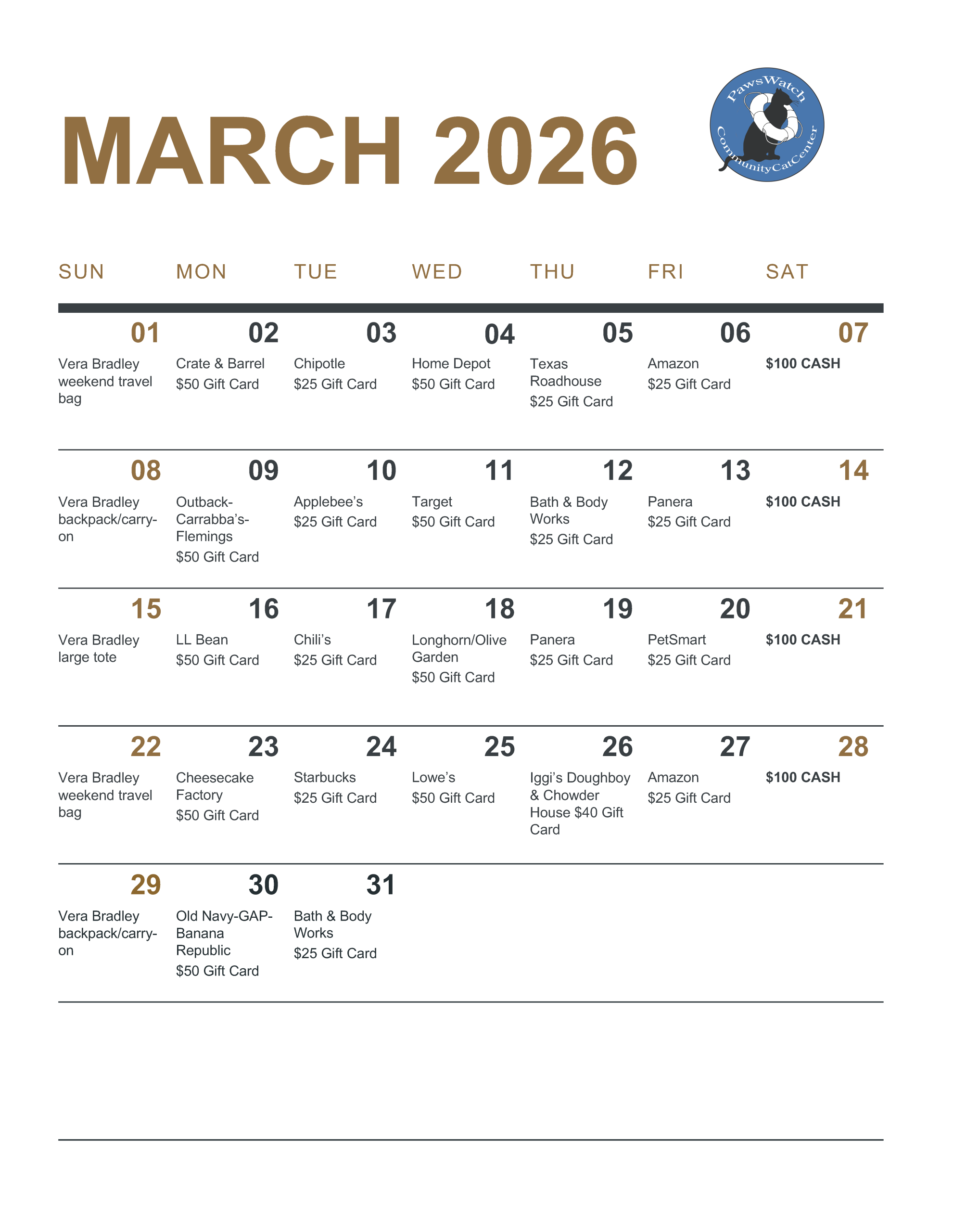PawsWatch 2026 Spring Raffle Calendar of Prizes
