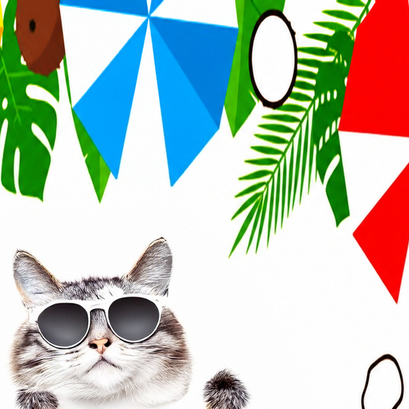 2026 PawsWatch Summer Appeal. Cat wearing sunglasses in a summery world.